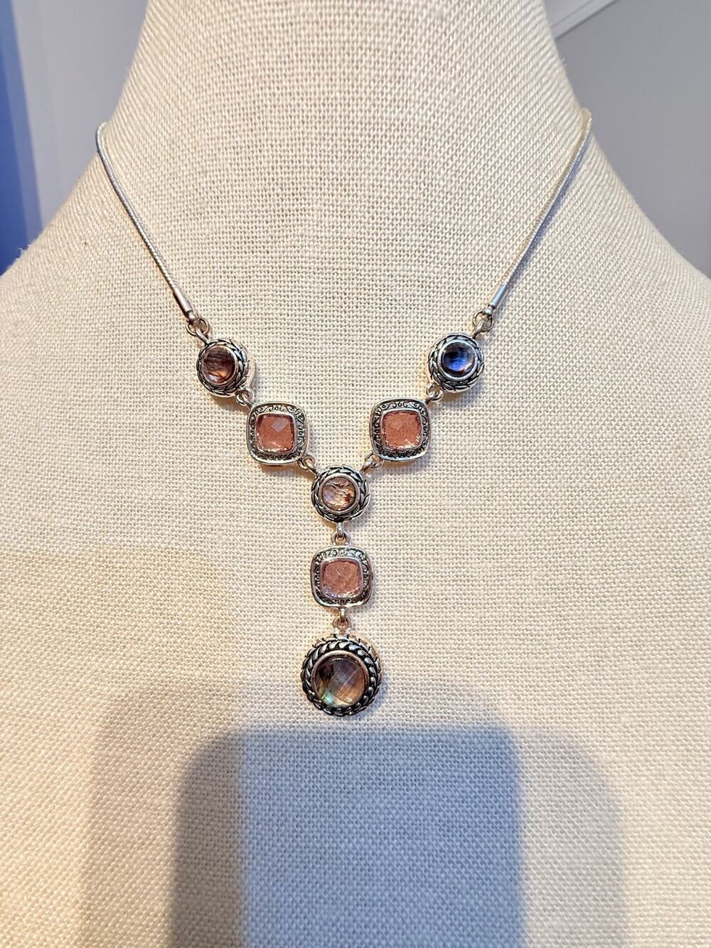 Vintage 16” + 3” Silver Tone Pink Crystal Y Necklace